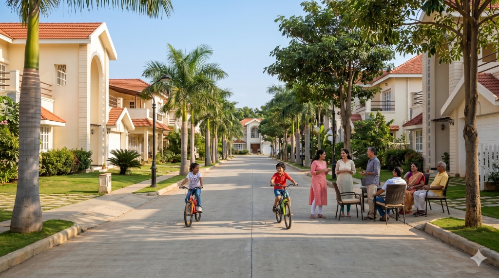 Indian community neighborhood with kids riding bikes and families chatting outdoors in a sunny suburban street